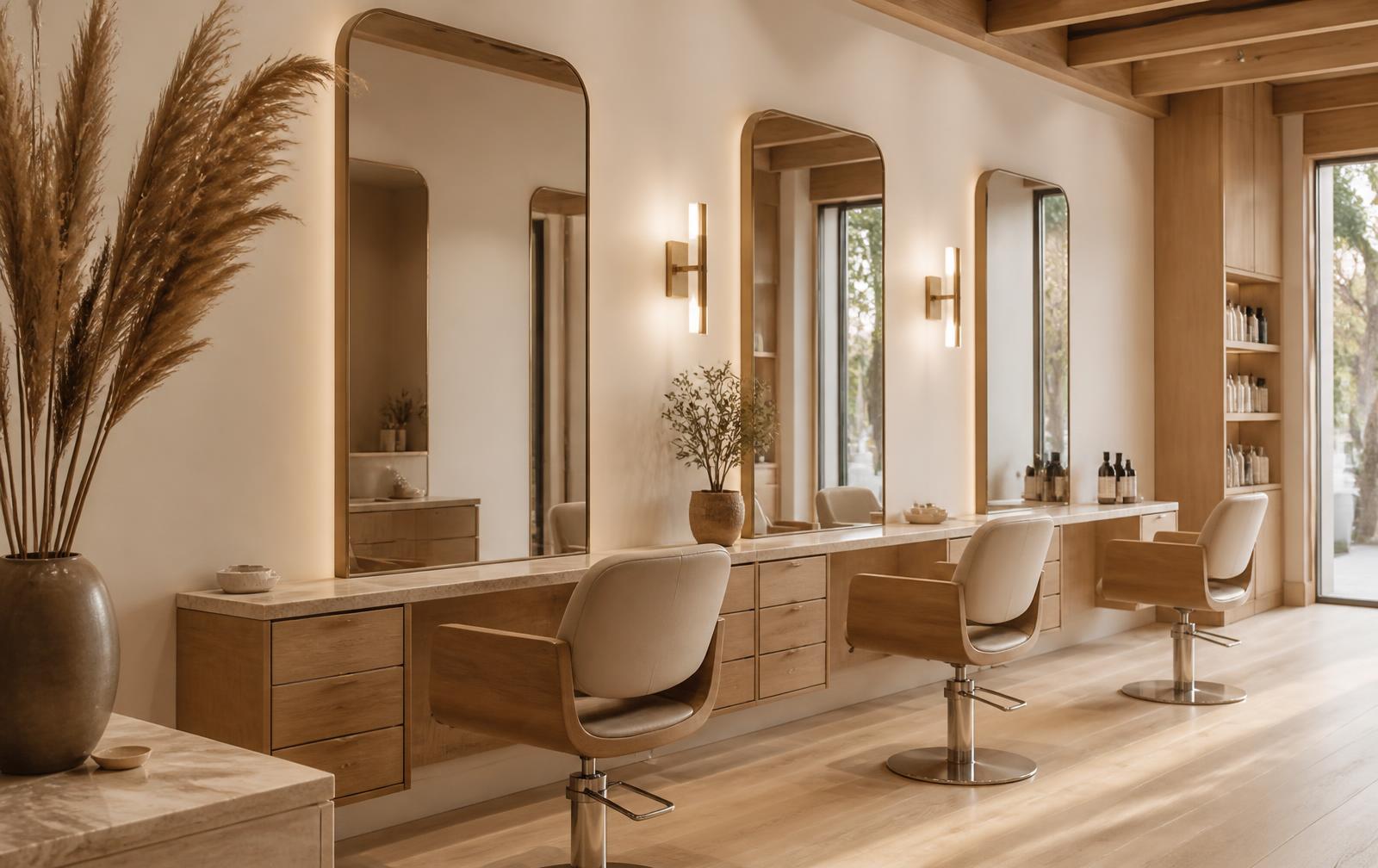 Interiör i LUMÉ Hair Studio med ljus ek, mässingsdetaljer och stora speglar